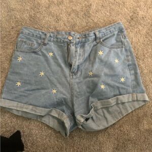 light blue denim shorts with sunflowers